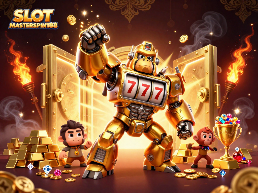 SLOT MASTERSPIN188 defines thrilling gameplay with a golden gorilla mech amidst treasure-filled chaos.