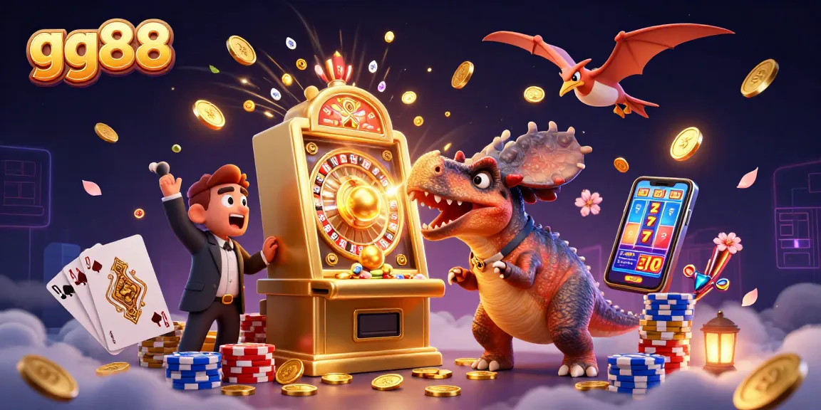 gg88 jackpot excitement as cartoon dinosaurs interact with slot machines and coins