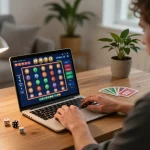 Engaging in online gambling strategies on laptop with keonhacai gaming insights in modern home office