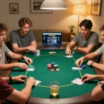 Friends playing poker with sunwingo website open on laptop, creating an engaging home game atmosphere.