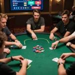 Players thrillingly reveal their hands at mm88bet poker table, capturing online gaming excitement.
