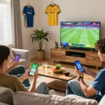 Friends enjoying online betting with crickex promo code in a cozy living room.
