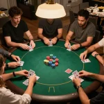 Players enjoying a high-stakes game of poker at home while using lc88 com for online gaming.