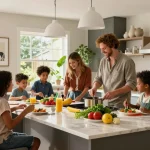 Stylish home kitchen featuring a family gathering and contemporary decor.