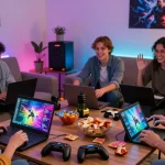 Friends enjoying KK55 gaming online in a vibrant living room