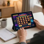 LOTO188 player engaging in online gaming with tablet, showcasing an immersive and inviting home setting.