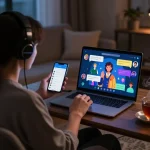 Intimate scene showcasing a user experiencing porn chat AI in a cozy setting, engaging with animated characters.