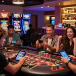 Spieler genießen eine lebhafte Paysafe Card Casino-Atmosphäre und feiern Gewinne an Tischen mit lebhaften Spielautomaten.