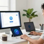 Happy user connecting to 快连 network on multiple devices in a bright home office, showcasing modern tech.