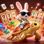 Engage with slot resmi featuring a lucky rabbit and golden turtle in a vibrant casino scene, capturing exciting gameplay elements.