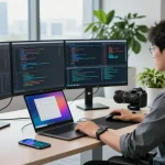 快连 software developer in a modern workspace, focusing on coding with multiple screens and tech gadgets.