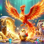Experience exciting gameplay with slot 888 as phoenix and stag dance amidst golden treasures.