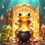Engage in the excitement of nk88 with gold coins and treasures in a vibrant casino-themed scene.