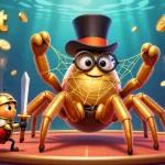 Join the excitement at onbet with a vibrant casino scene featuring a giant golden tarantula, a brave knight, and slot reels.