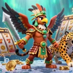 Engage with man88's vibrant slot game scene featuring Aztec warriors and crypto elements.