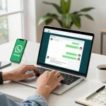 Using WhatsApp網頁版 in a modern home office with laptop, smartphone, and coffee.