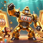 Experience thrilling wins with hm88’s dynamic gaming scene featuring a golden gorilla mech amidst treasures.