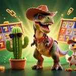 Engage with af88's thrilling slots action illustrated by vibrant T-Rex and companions in a casino scene.