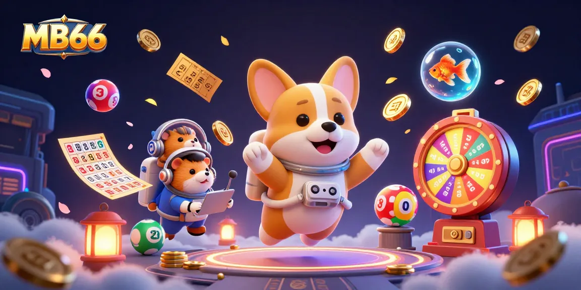 Experience the excitement of MB66 with a lively cosmic casino scene featuring charming characters and vibrant lottery elements.