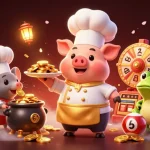 Xổ số vipwin showcases a lively scene where characters delight in lottery-themed elements and gold rewards, embodying exciting gaming moments.