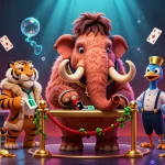 Experience thrilling gaming at 抖阴官网 with a vibrant scene featuring a woolly mammoth casino bouncer, VIP saber-tooth tiger, and dodo bird doorman.