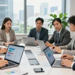 Compare business mobile deals UK in a professional office setting with a diverse team analyzing options.