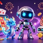 Lode88 celebrates with a dynamic casino scene featuring a cyberpunk robot, AI dragon, and bitcoin drone.