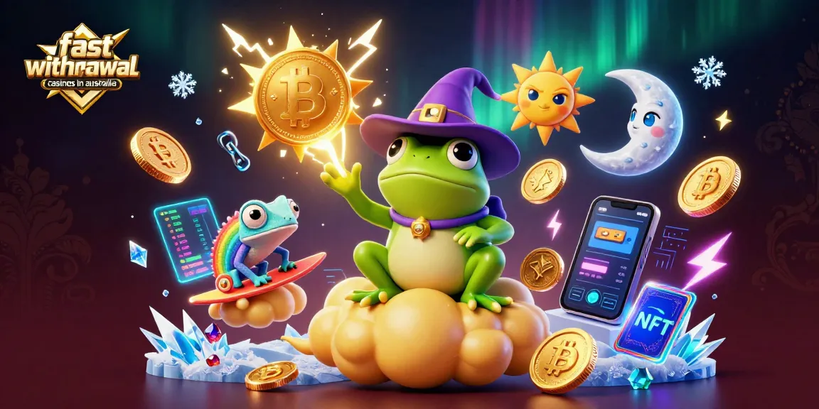 Experience fast withdrawal casinos in Australia with cartoon characters, golden coins, and vibrant crypto elements.