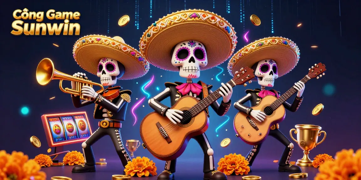 Cổng game Sunwin showcases dynamic mariachi-themed 3D illustration filled with vibrant gaming elements.