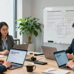 Engaged team discussing cyber essentials managed service in a bright office.