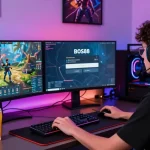 Tampilan BOS88 Login dengan gamer fokus di ruang gaming modern.