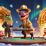 Experience thrilling blackjack action at alo8 with a cartoon velociraptor card counter.