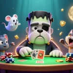 Spin the reels with slot777 as a Frankenstein bulldog monster deals cards amidst a lively casino atmosphere.