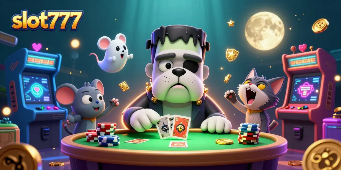 Spin the reels with slot777 as a Frankenstein bulldog monster deals cards amidst a lively casino atmosphere.
