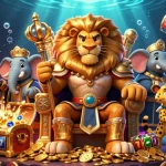 Experience online casino games at o8 with vibrant visuals of a lion king and lively elements.