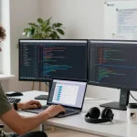 Developer coding at a modern workspace featuring telegraimin.com, showcasing software development tools and vibrant atmosphere.