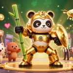 Experience the thrill of qs88 with a dynamic illustration of a golden panda piloting a fighting robot amid vibrant casino elements.