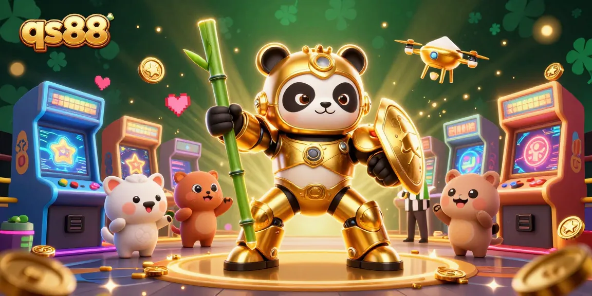 Experience the thrill of qs88 with a dynamic illustration of a golden panda piloting a fighting robot amid vibrant casino elements.