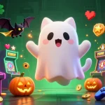 Engage with red88 in this vibrant, animated casino scene featuring a ghost cat and gaming elements.