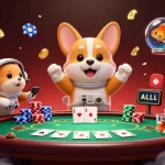 g28 casino scene with a corgi astronaut, hamster, and goldfish in space, floating poker chips and coins