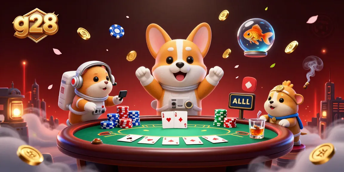 g28 casino scene with a corgi astronaut, hamster, and goldfish in space, floating poker chips and coins