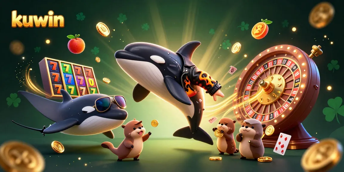 Kuwin enables thrilling gaming experiences with a dynamic scene of sea creatures amidst casino elements.