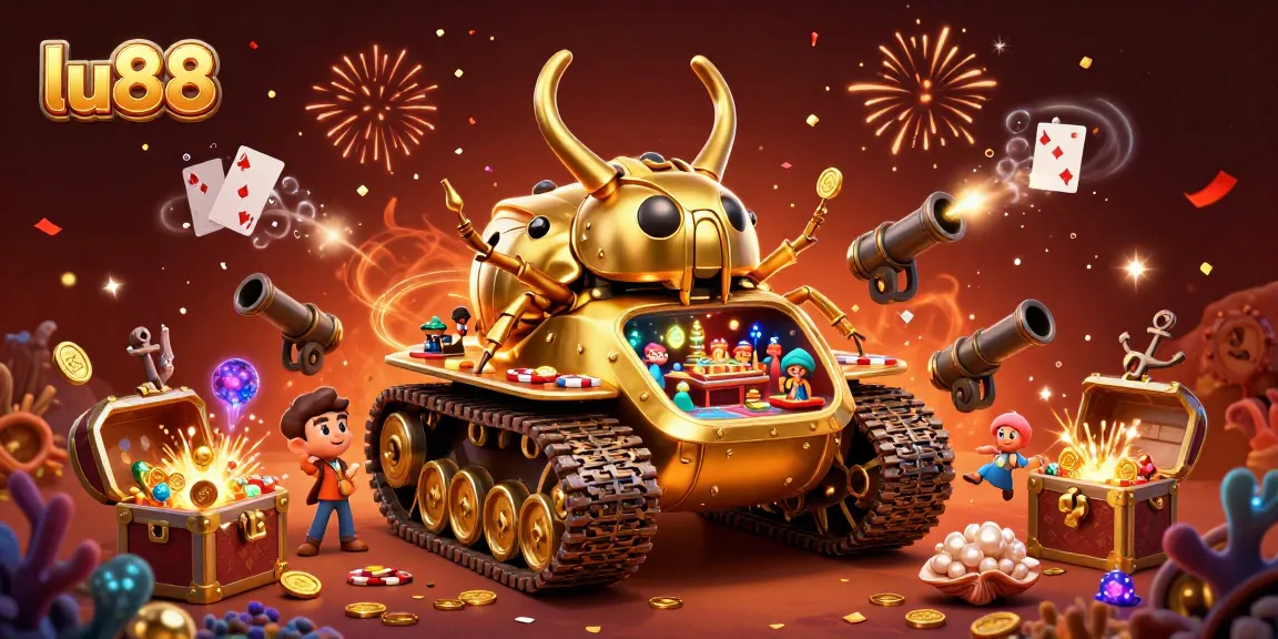 lu88's 3D cartoon beetle tank with a miniature casino bursting with golden treasures and confetti.