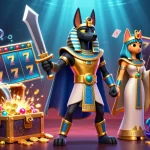 Experience thrilling adventures with ea88 at the vibrant casino, featuring Anubis and Bastet amidst slot games.