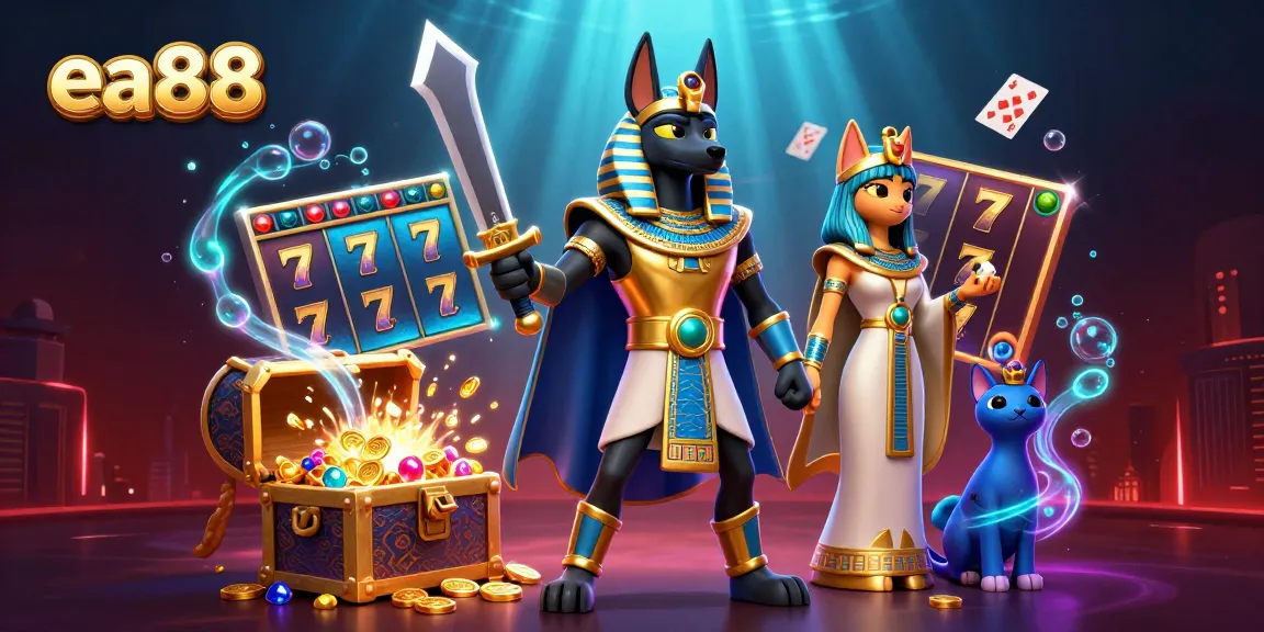 Experience thrilling adventures with ea88 at the vibrant casino, featuring Anubis and Bastet amidst slot games.