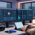 Tech consultant helping clients recover lost crypto with advanced tools and digital strategies in a modern office.