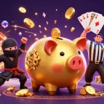 Experience the thrill of lolajack casino with a vibrant 3D scene featuring a golden piggy bank sumo wrestler.