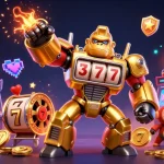 Experience thrilling action with the Fabet com golden gorilla mech in a vibrant casino scene.