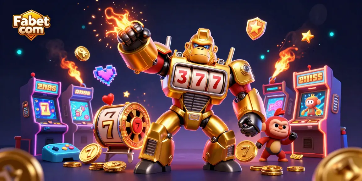 Experience thrilling action with the Fabet com golden gorilla mech in a vibrant casino scene.
