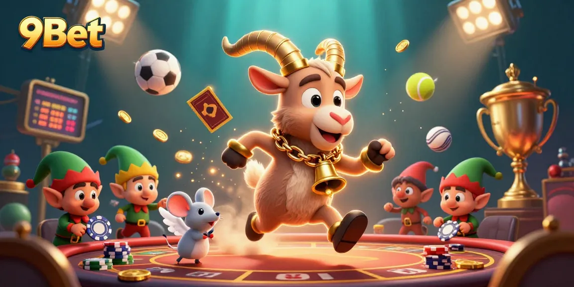 Experience the thrill of gaming at 9Bet with a festive 3D Krampus casino illustration.